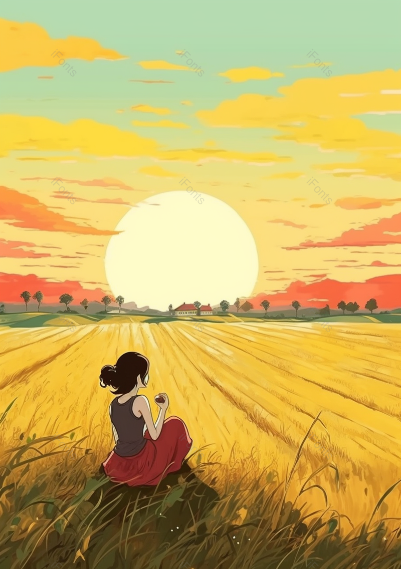 夏天坐在田野里看日出的女孩插画背景,插画/手绘图,插画/手绘图库,插画/手绘图下载,插画/手绘